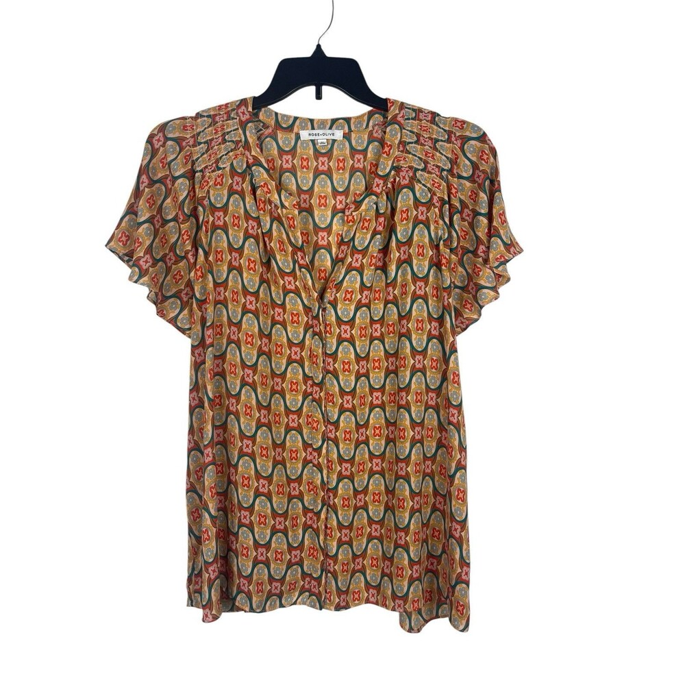 Rose & Olive 2X Sheer Tunic Top Boho Geometric Paisley Short Sleeve Retro